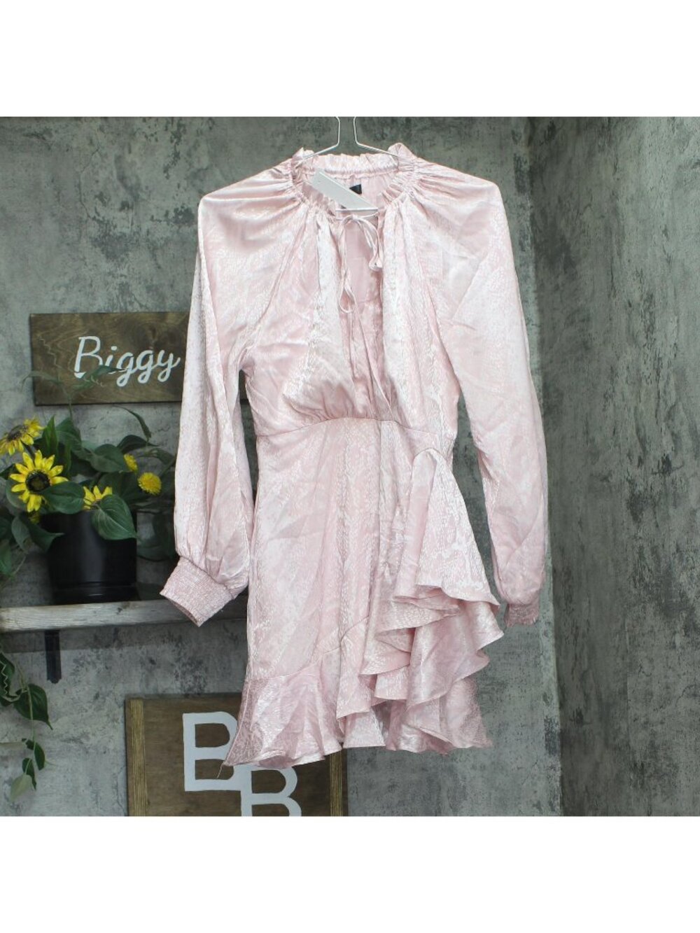 Aqua Ruffled Faux Wrap Dress with Long Sleeves IDO12847 Blush Pink S